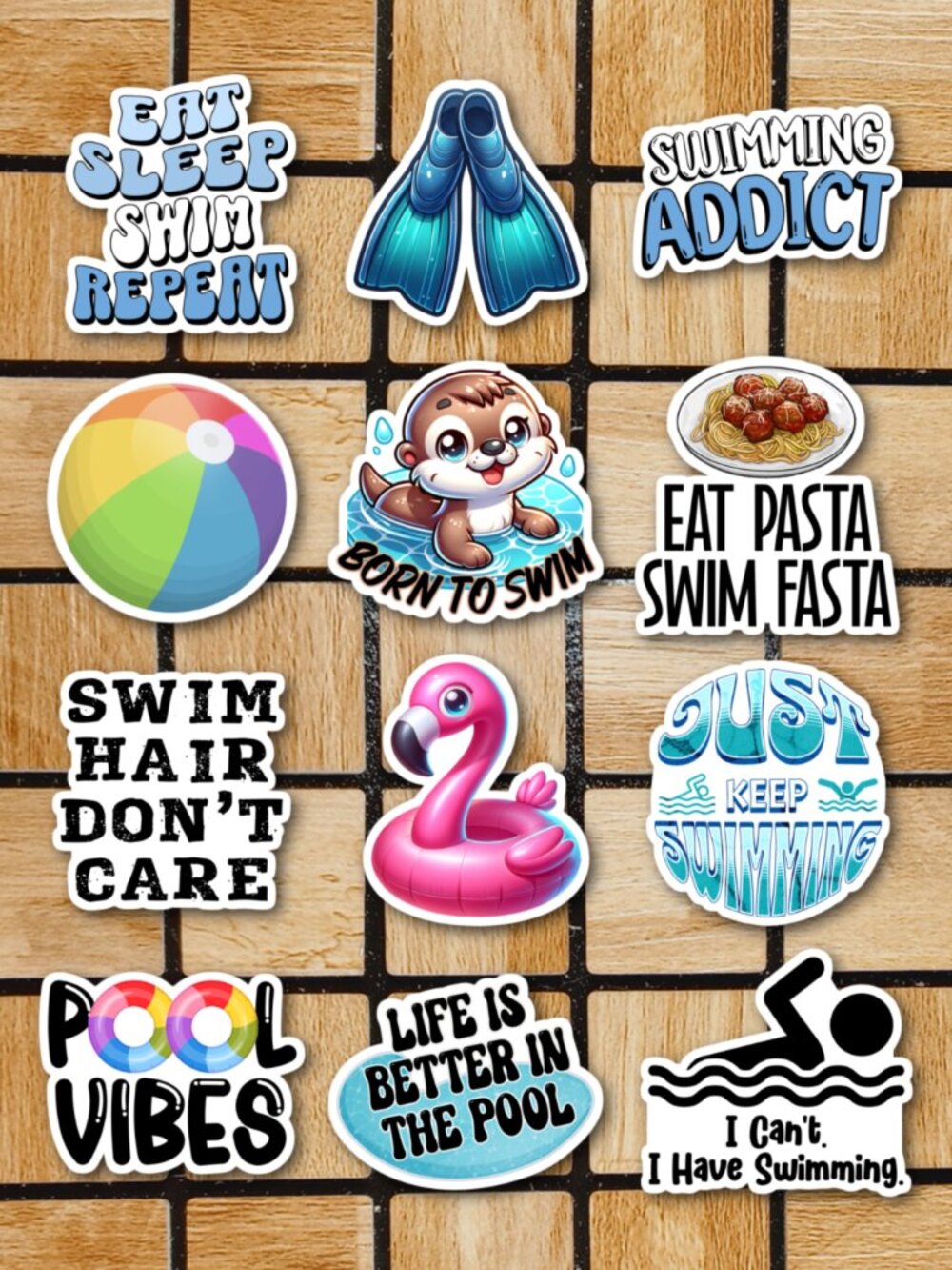Swimming Sticker Pack of 12 Vinyl Stickers Summer Waterproof Die Cut Sticker Set